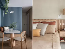 Sala azul e quarto bege com paredes pintadas em tons tendência de 2026, mostrando como combinar cores de tinta modernas com madeira e tecidos naturais.