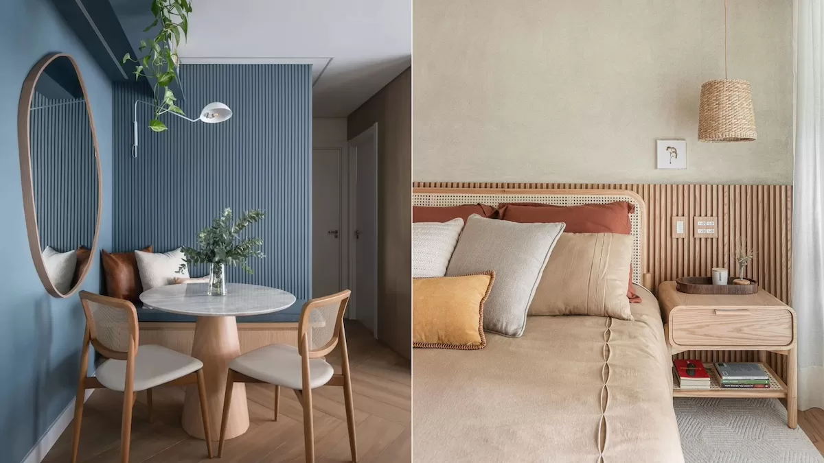 Sala azul e quarto bege com paredes pintadas em tons tendência de 2026, mostrando como combinar cores de tinta modernas com madeira e tecidos naturais.